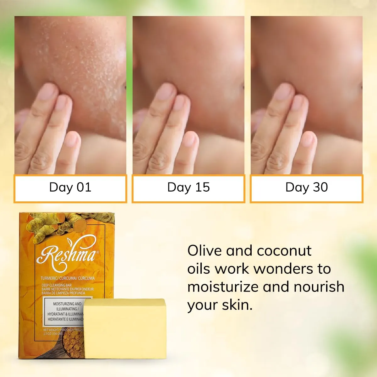 Reshma Beauty Turmeric Soap Bar for Face & Body Smooth Skin Natural Glow with Pure Turmeric Extract, Olive & Coconut Oil Gentle Cleanser for All Skin Types - (Pack Of 4), 5.05 oz Each