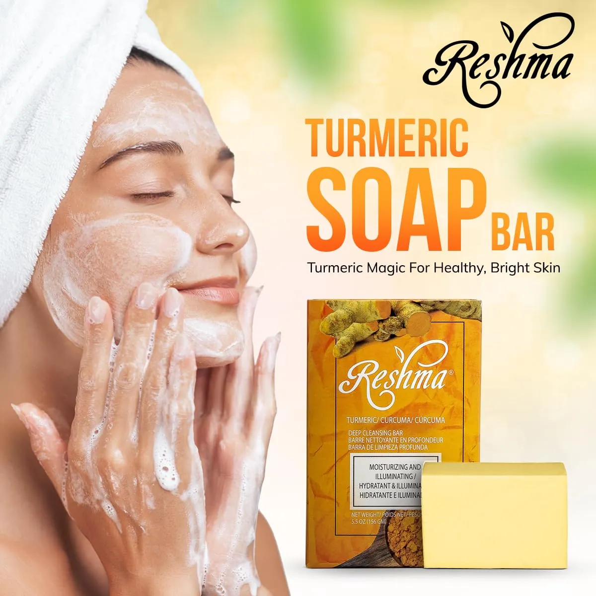 Reshma Beauty Turmeric Soap Bar for Face & Body Smooth Skin Natural Glow with Pure Turmeric Extract, Olive & Coconut Oil Gentle Cleanser for All Skin Types - (Pack Of 4), 5.05 oz Each