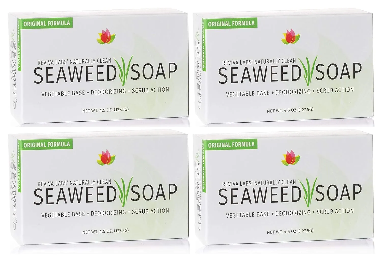 Reviva Seaweed Soap - 4 Pack - Organic Seaweed Face Scrub and Exfoliating Body Scrub Soap Bar - 4.5 oz. Vegetable Base Natural Bar Soap and Seaweed Bath Detox Soap Made in the USA