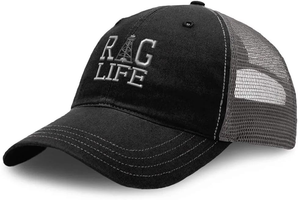 Richardson Trucker Mesh Hat Oil Rig Drilling Life Embroidery Cotton Dad Hats for Men & Women Snapback Black Charcoal