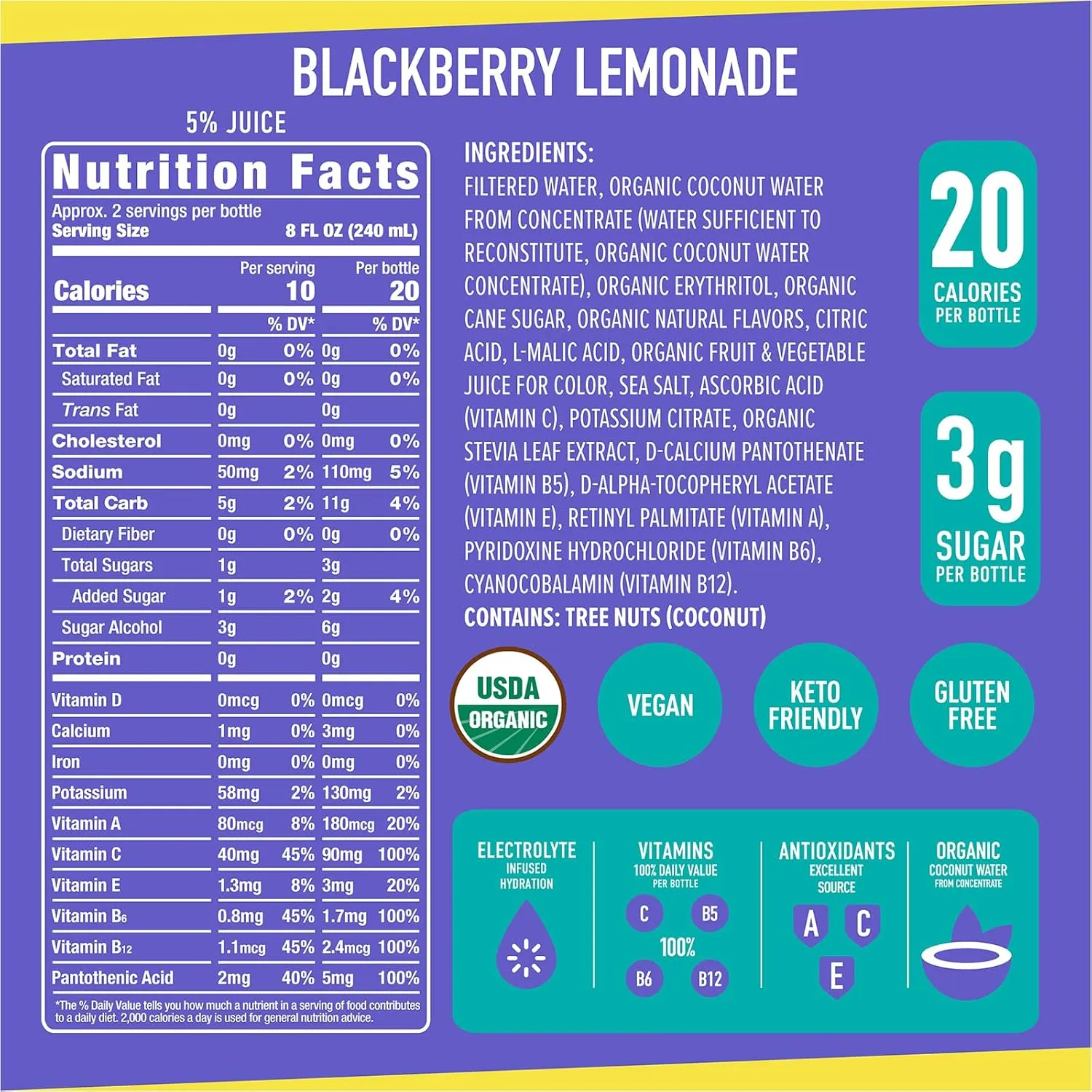 ROAR Complete Hydration Organic - Electrolyte Drinks Loaded with Vitamins C, B5, B12 - Non-GMO, Gluten-Free - Blackberry Lemonade - 12 pc