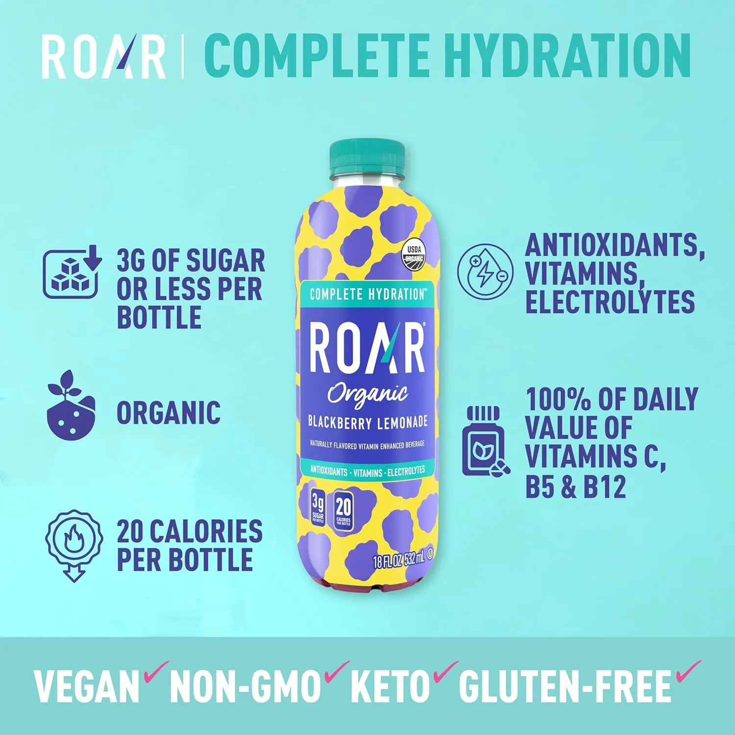 ROAR Complete Hydration Organic - Electrolyte Drinks Loaded with Vitamins C, B5, B12 - Non-GMO, Gluten-Free - Blackberry Lemonade - 12 pc