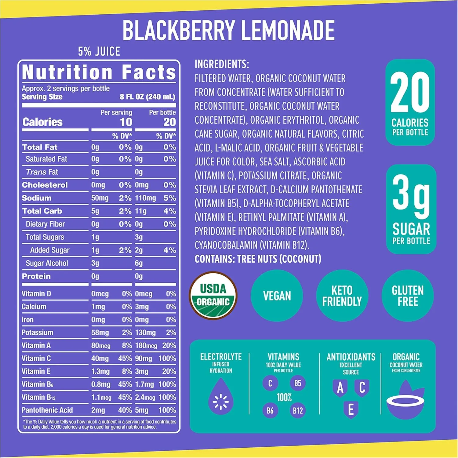 ROAR Complete Hydration Organic - Electrolyte Drinks Loaded with Vitamins C, B5, B12 - Non-GMO, Gluten-Free - Blackberry Lemonade - 12 pc
