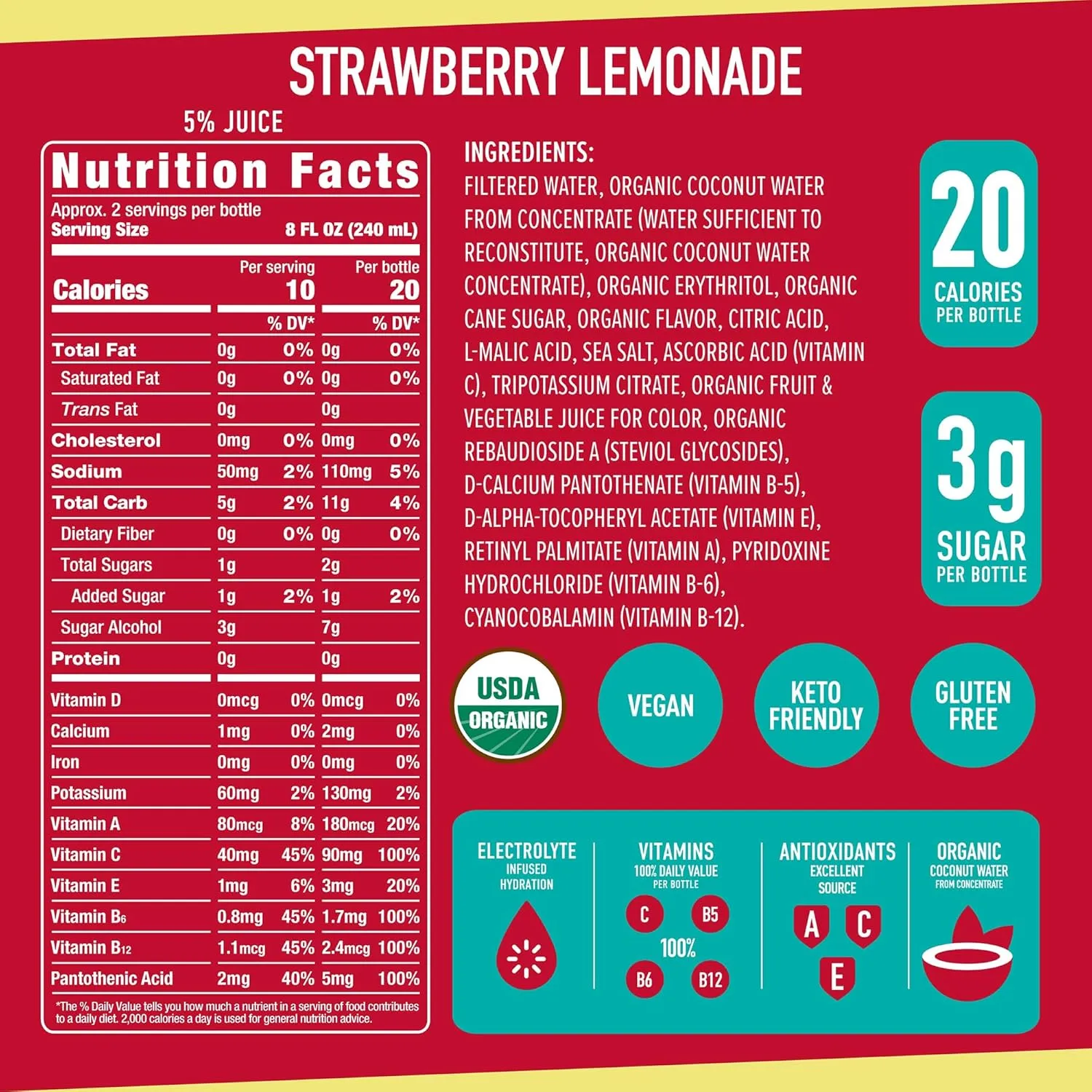 Roar Organic Hydration Organic - Electrolyte Drinks Loaded with Vitamins C, B5, B12 - Non-GMO, Gluten-Free - Strawberry Lemonade - 12 pc