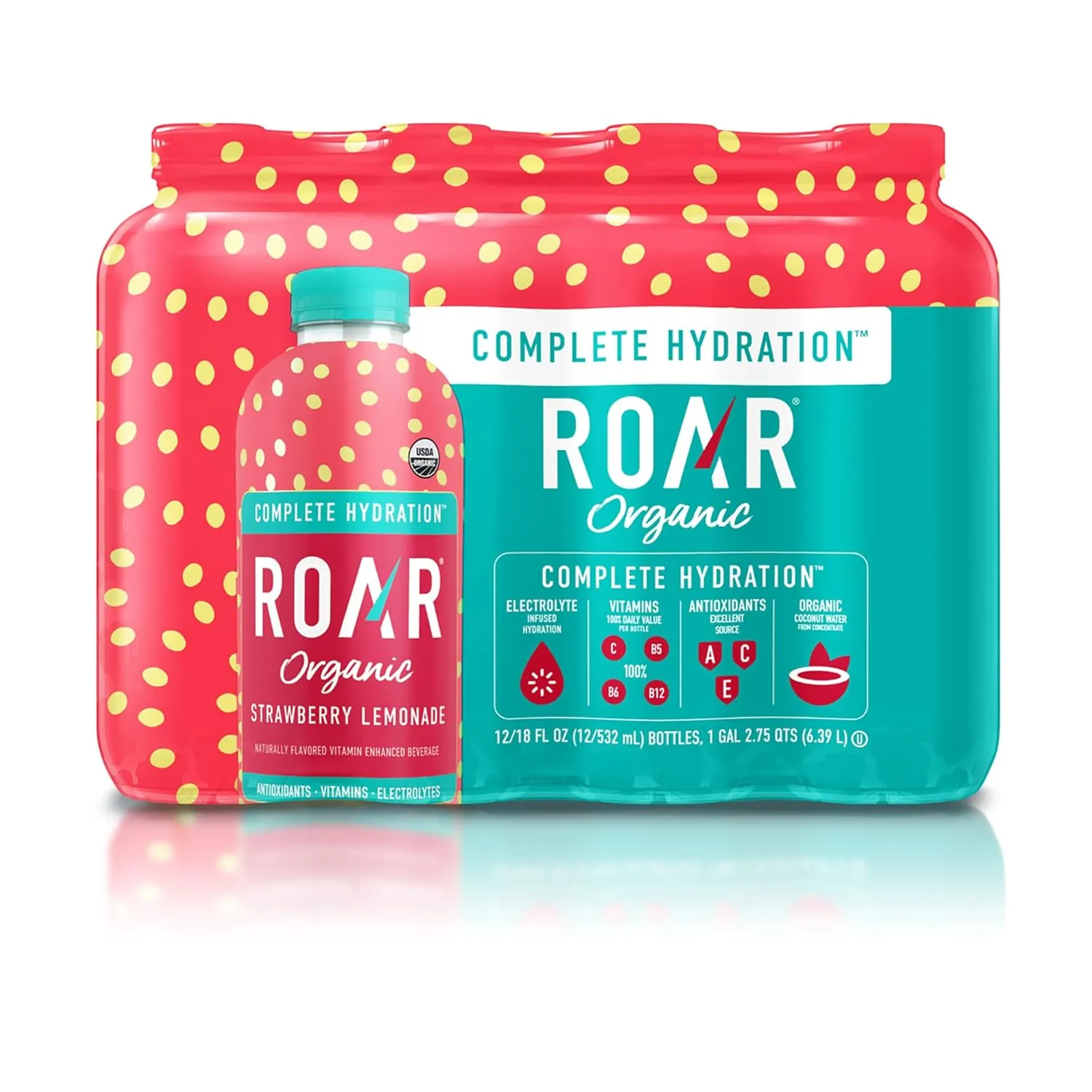 Roar Organic Hydration Organic - Electrolyte Drinks Loaded with Vitamins C, B5, B12 - Non-GMO, Gluten-Free - Strawberry Lemonade - 12 pc
