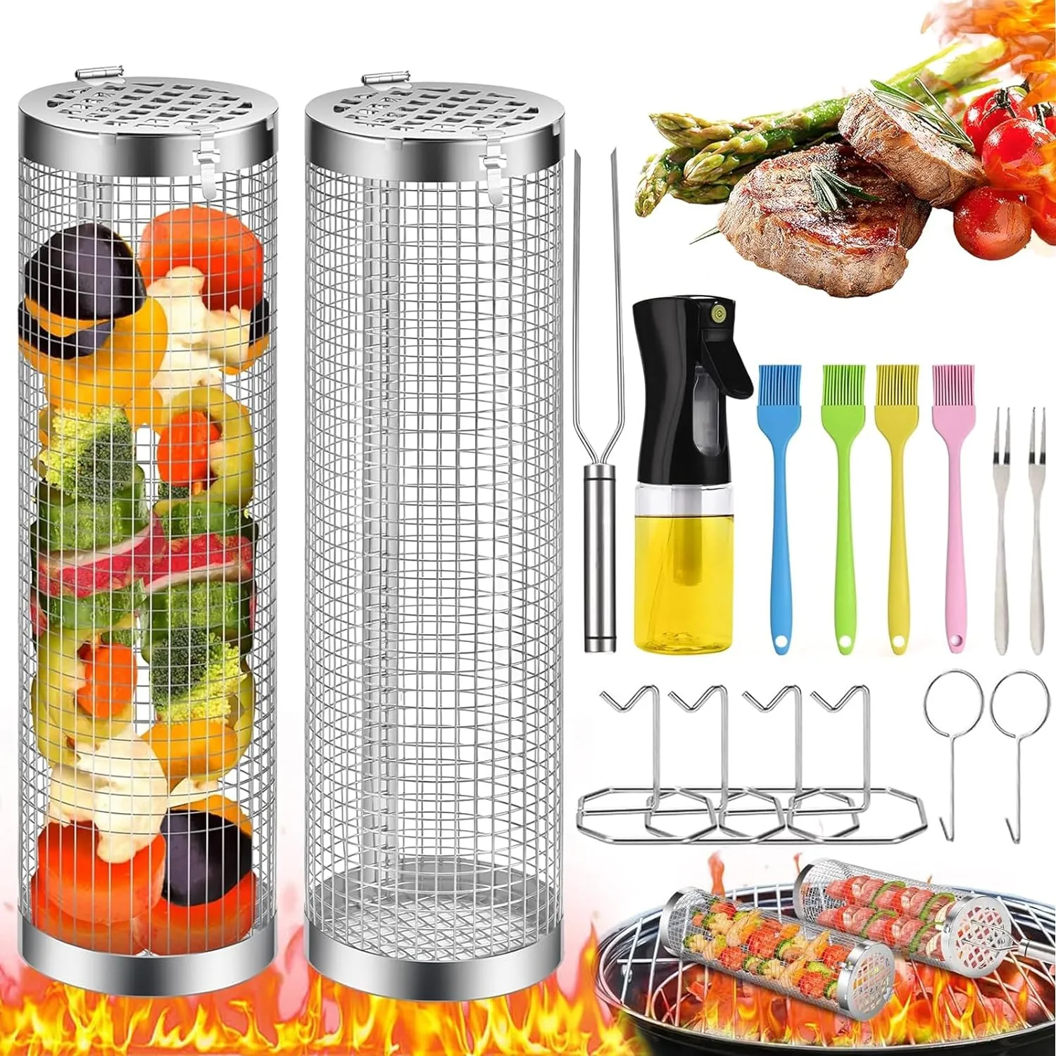 Rolling Grilling Basket, 2 PCS BBQ Grill Basket， Stainless Steel Grill Mesh with Grilling Accessories, Portable Outdoor Camping BBQ Grill Nets Cylinder for Fish, Shrimp, Vegetables, Meat