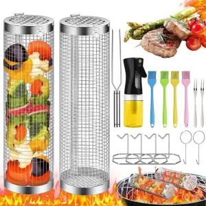 Rolling Grilling Basket, 2 PCS BBQ Grill Basket， Stainless Steel Grill Mesh with Grilling Accessories, Portable Outdoor Camping BBQ Grill Nets Cylinder for Fish, Shrimp, Vegetables, Meat