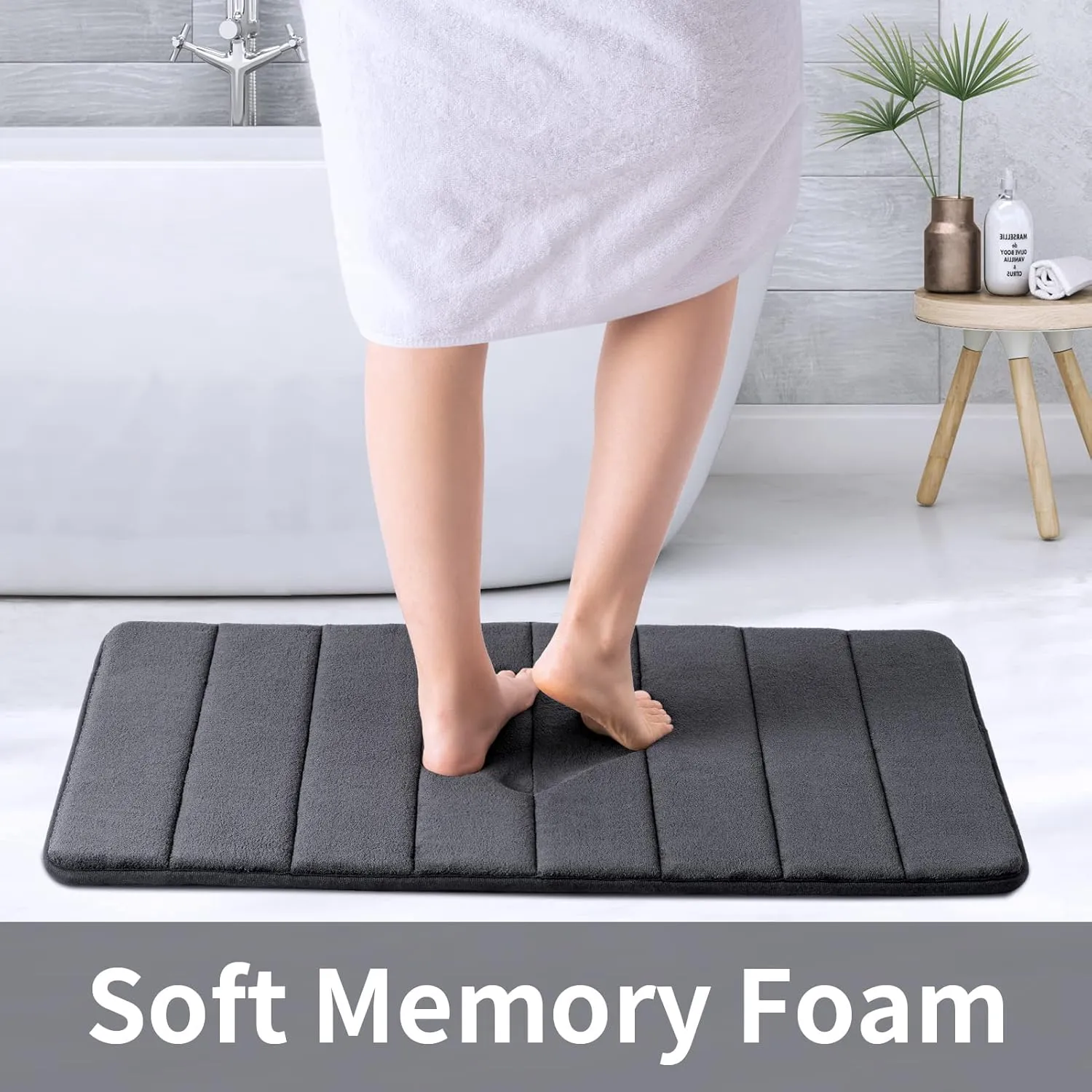 ROSMARUS Memory Foam Bath Mat 20' x 32', Water Absorbent Shower Mat, Thick Non Slip Bath Rugs with PVC Backing, Ultra Soft Bathroom Rugs for Floor & Tub, Charcoal Gray