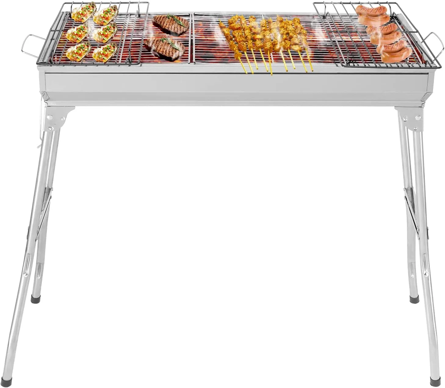 ROVSUN Stainless Steel Barbecue Grill, BBQ Charcoal Foldable&Portable Grill, Great for Outdoor Cooking Camping Hiking Picnics Tailgating, 27.5"×12.2"×27.9", Silver