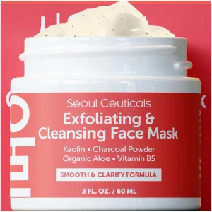 SeoulCeuticals Korean Face Scrub - Exfoliating Face Mask Skincare K Beauty Mask for Glass Skin - Kaolin Clay   Charcoal Cream Exfoliant Mask 2oz