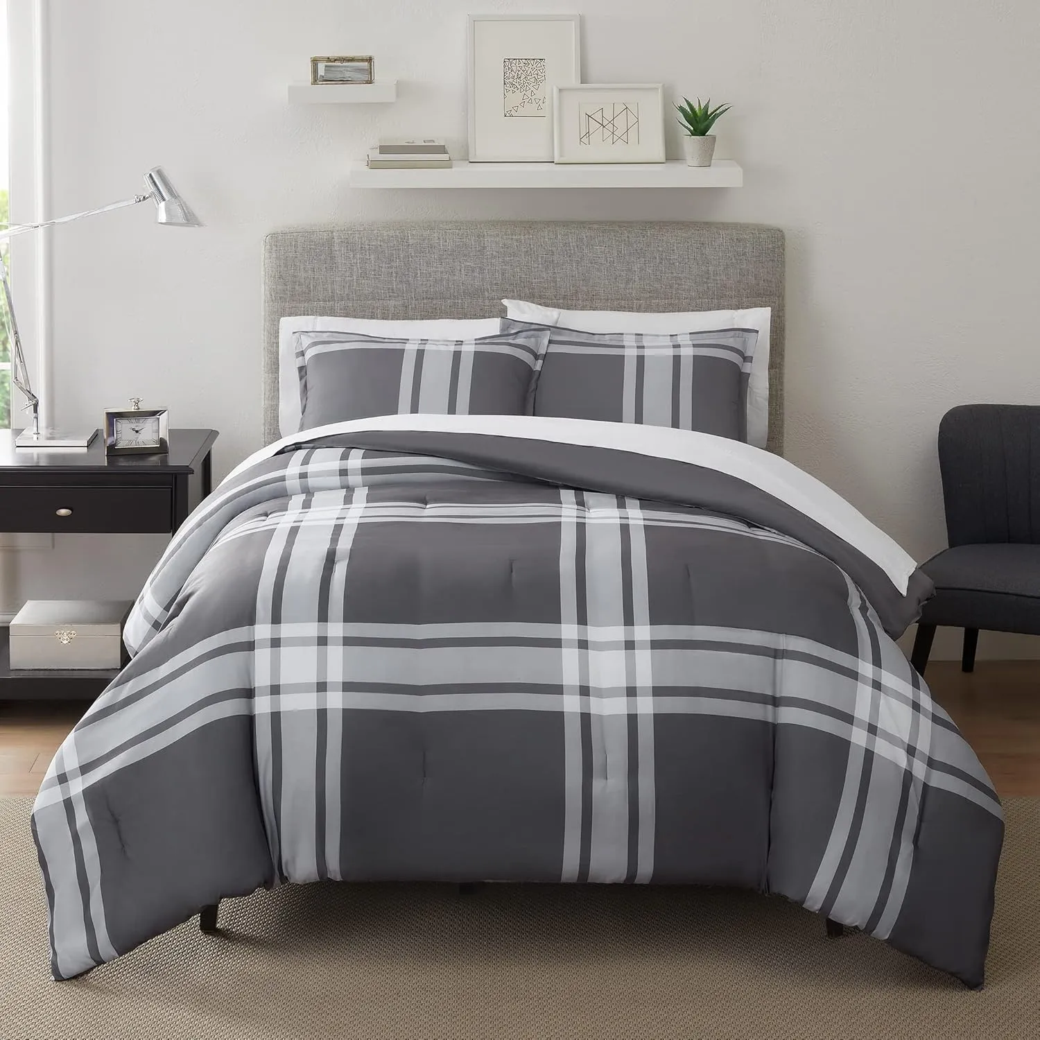 Serta Simply Clean Jax Soft Modern 3 Piece Plaid Comforter Set with Pillow Case for All Season, Full/Queen, Charcoal/Black