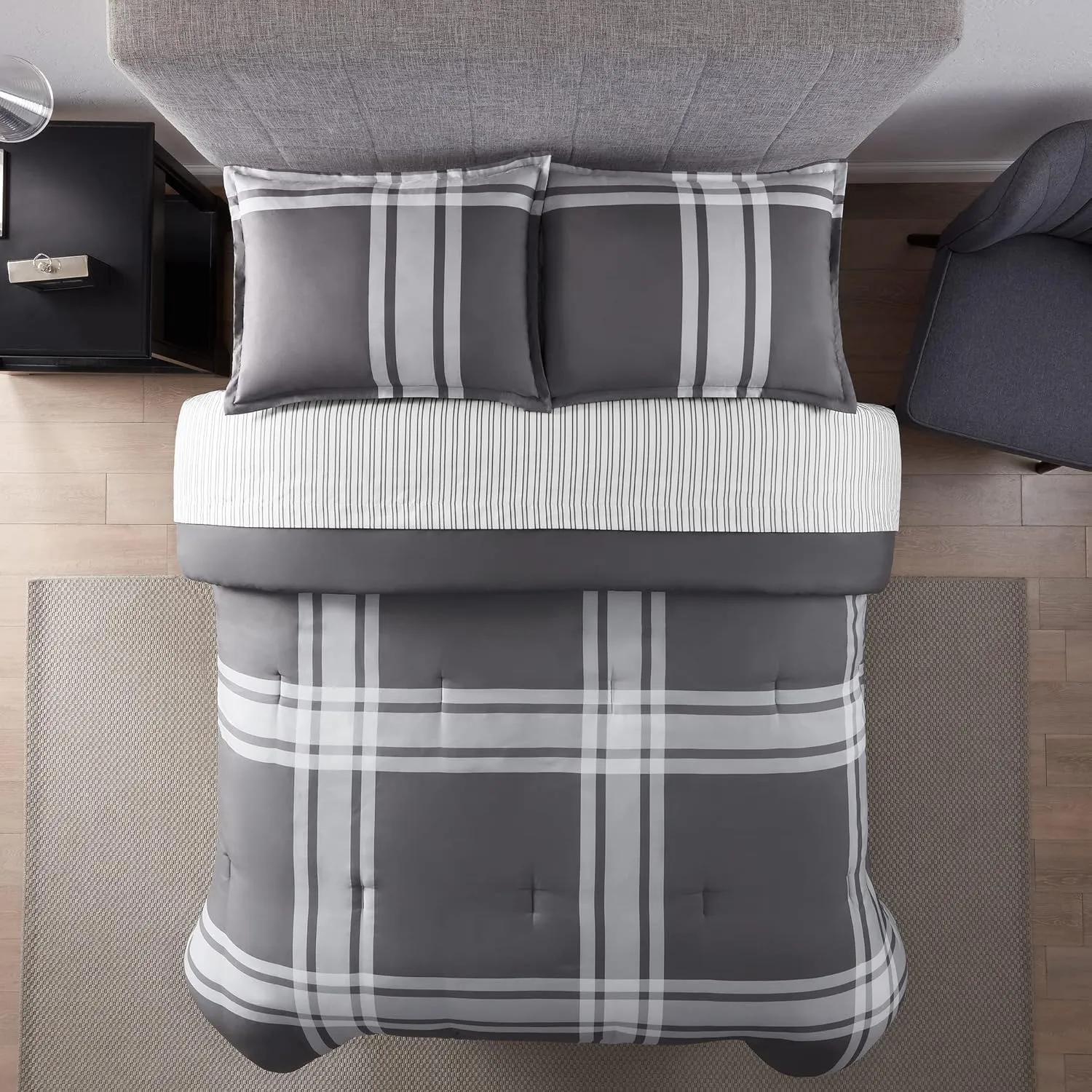 Serta Simply Clean Jax Soft Modern 3 Piece Plaid Comforter Set with Pillow Case for All Season, Full/Queen, Charcoal/Black
