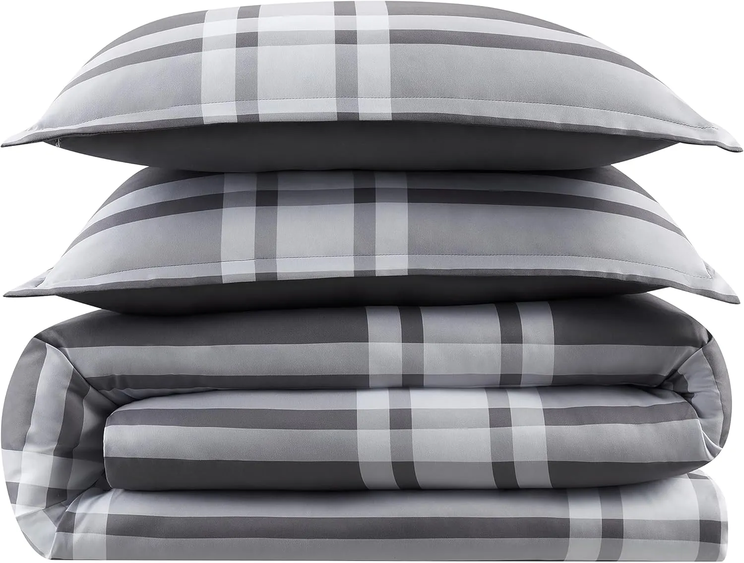 Serta Simply Clean Jax Soft Modern 3 Piece Plaid Comforter Set with Pillow Case for All Season, Full/Queen, Charcoal/Black