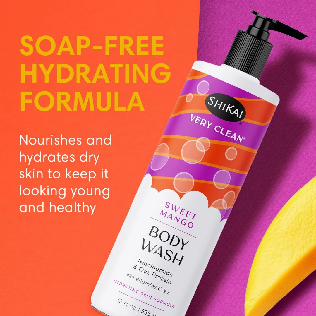 ShiKai Very Clean Body Wash (Sweet Mango, 12 oz) | Hydrating Gel Cleanser for Dry Skin | With Niacinamide, Oat Protein, Vitamins C & E