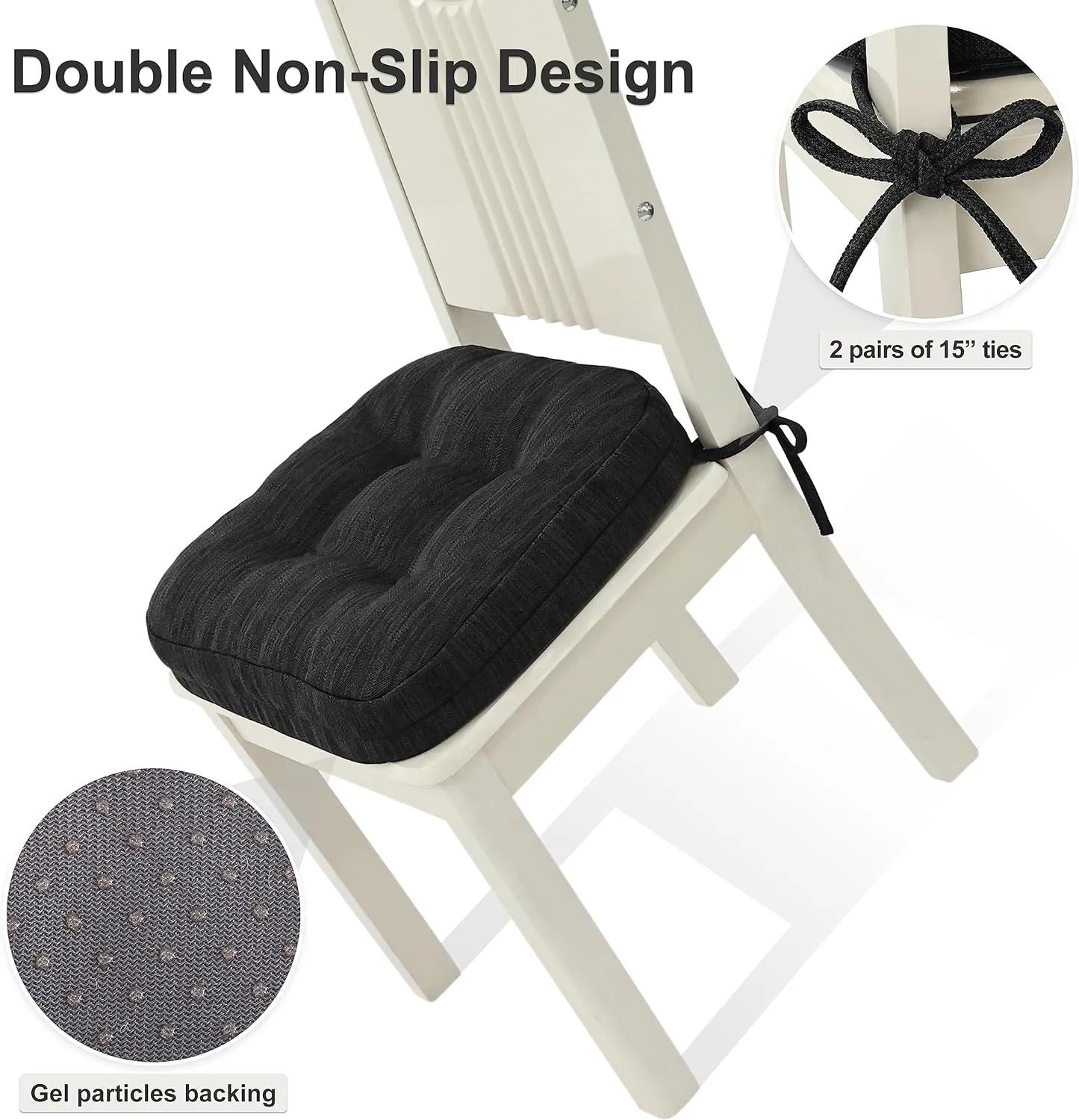 Shinnwa Dining Chair Cushions Set of 2, Dual-Layer Memory Foam Kitchen Chair Cushions, Patented Design Seat Pads with Ties, 16.5 x 16.5 x 3.5in, 2 Pack, Charcoal