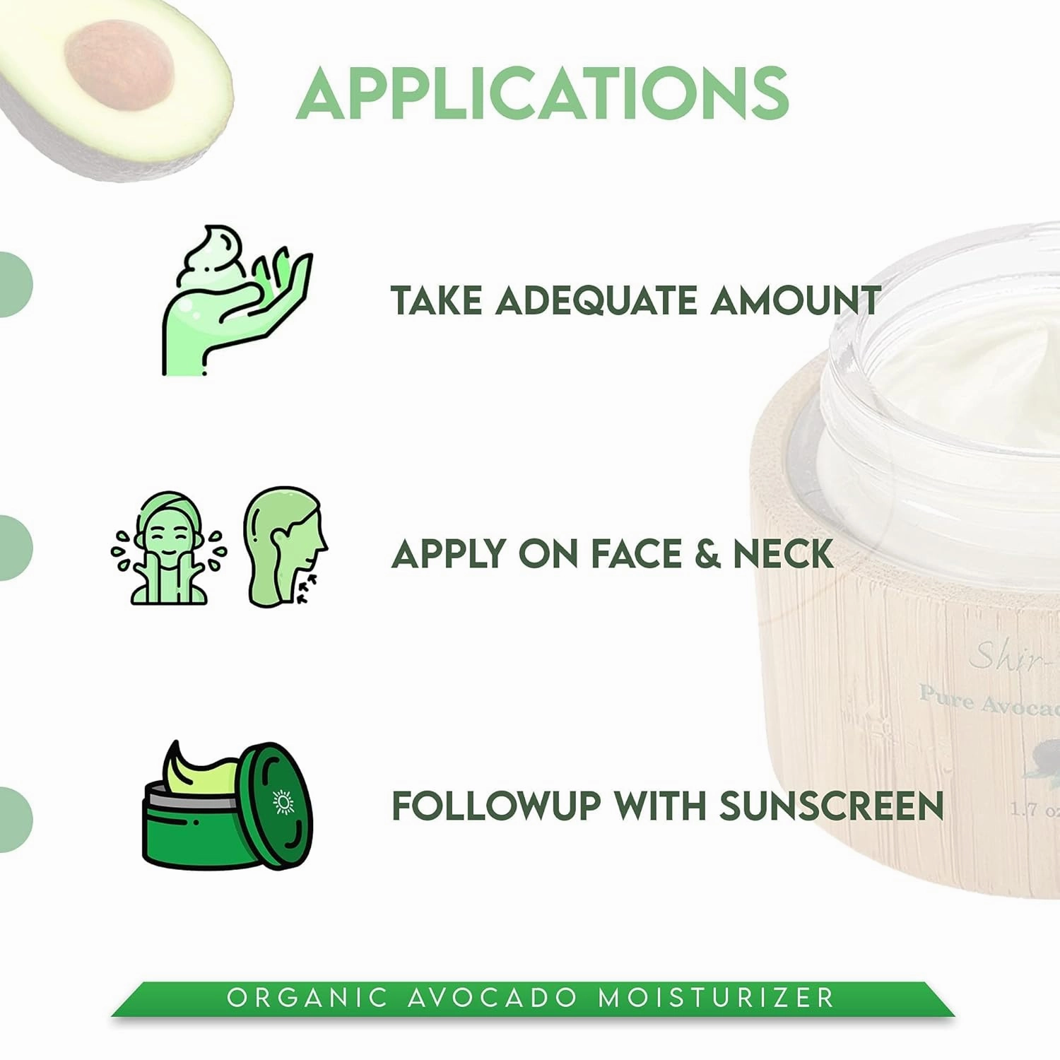 Shir Organic Avocado Moisturizer, 24-Hour Hydrating Face Cream Infused with Vitamins A, B, D, and E for Nourished Skin, Pure Face Moisturizer Cream(50ml)
