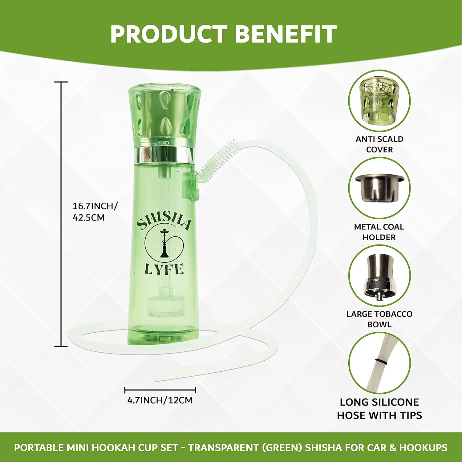SHISHA LYFE Portable Hookah Mini Cup Set - Transparent (Green) Shisha for Car & Travel with LED Lights, Silicone Hose Pipe, Anti-Scald, Charcoal Holder, Tongs, Reusable Straw, Case Cover Protection