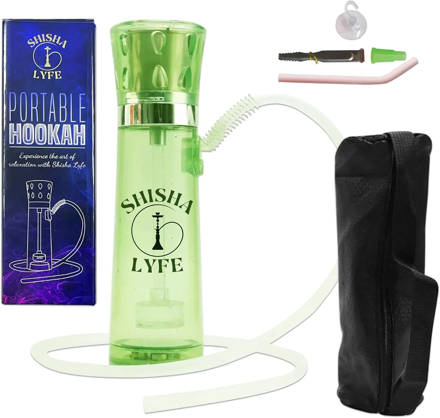 SHISHA LYFE Portable Hookah Mini Cup Set - Transparent (Green) Shisha for Car & Travel with LED Lights, Silicone Hose Pipe, Anti-Scald, Charcoal Holder, Tongs, Reusable Straw, Case Cover Protection