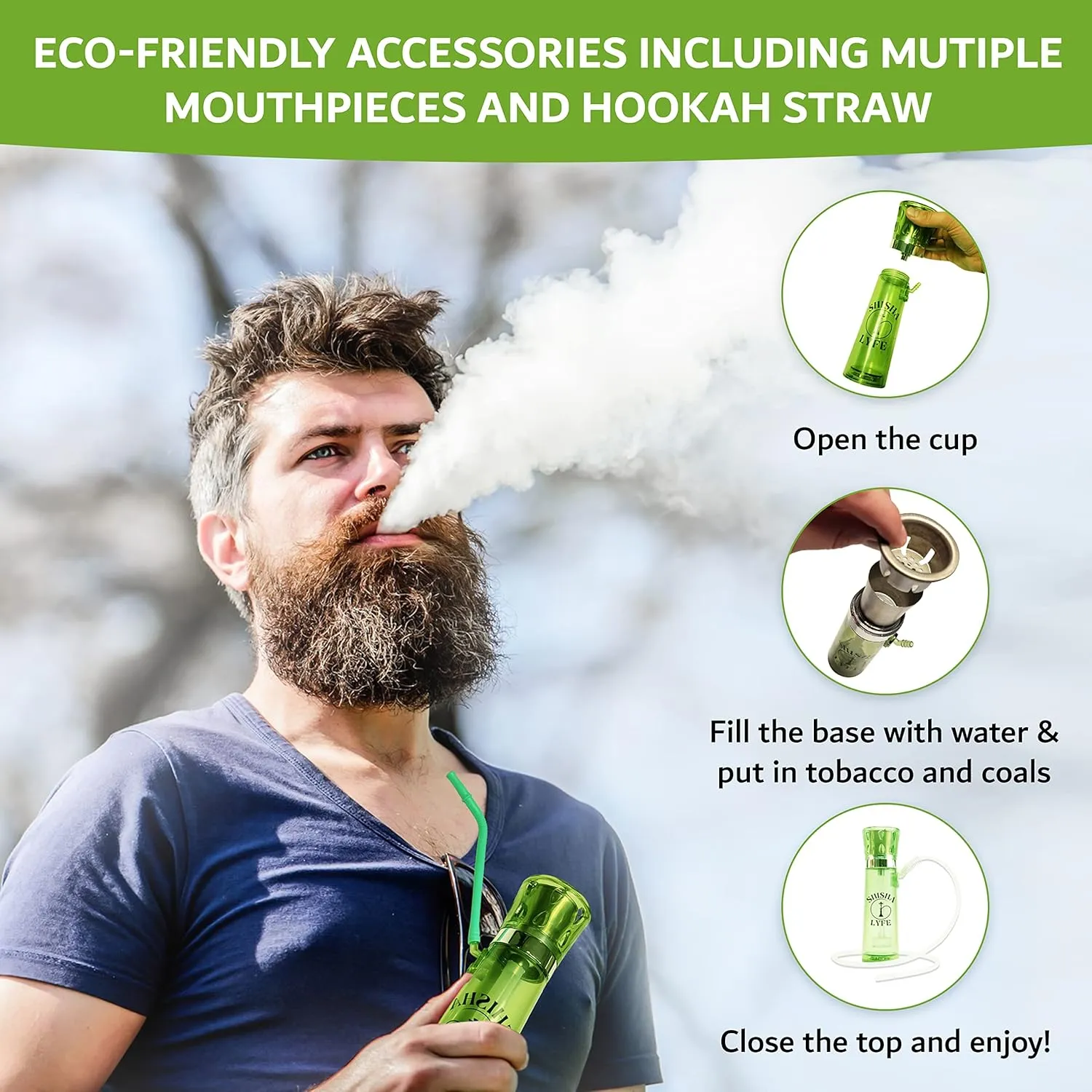 SHISHA LYFE Portable Hookah Mini Cup Set - Transparent (Green) Shisha for Car & Travel with LED Lights, Silicone Hose Pipe, Anti-Scald, Charcoal Holder, Tongs, Reusable Straw, Case Cover Protection
