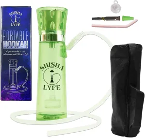 SHISHA LYFE Portable Hookah Mini Cup Set - Transparent (Green) Shisha for Car & Travel with LED Lights, Silicone Hose Pipe, Anti-Scald, Charcoal Holder, Tongs, Reusable Straw, Case Cover Protection