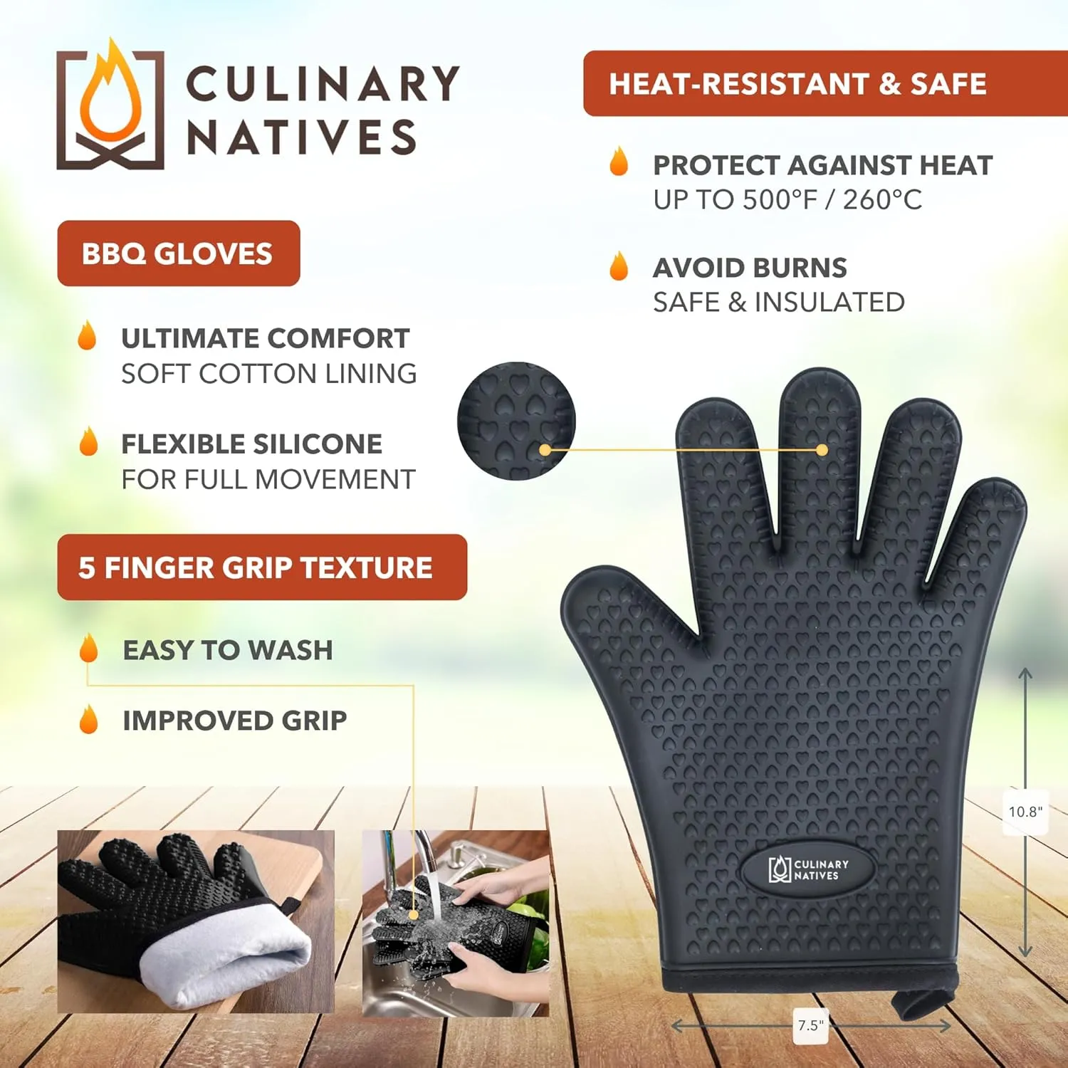 Smoker Gloves, Meat Claws, Thermometer, Timer, Brush | BBQ Grill Gloves with Dual Layer | Extreme Heat Resistant | No.1 Non-Slip Waterproof Silicone Oven Mitts | Smoker Accessories Kit Tools (Black)