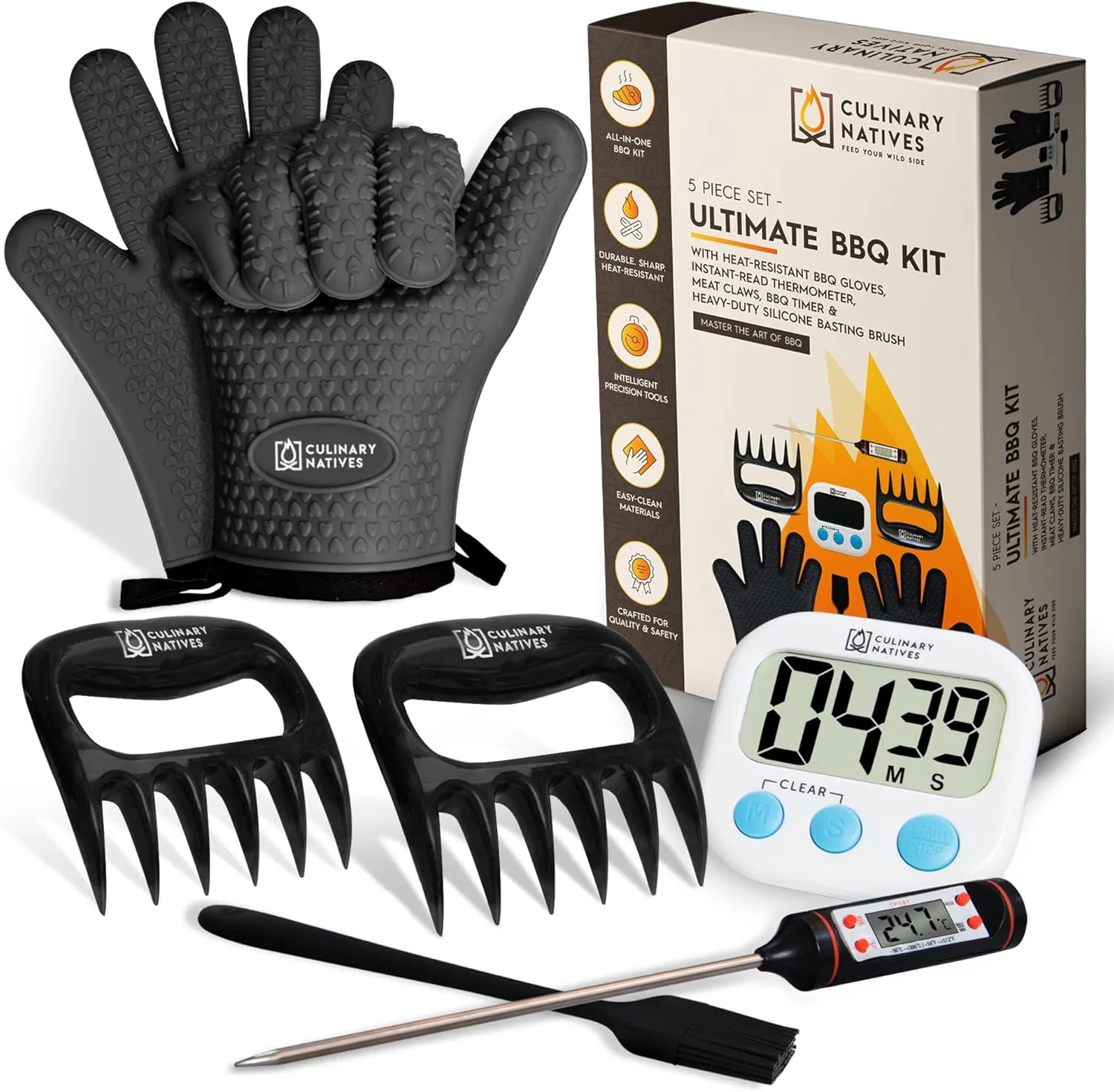 Smoker Gloves, Meat Claws, Thermometer, Timer, Brush | BBQ Grill Gloves with Dual Layer | Extreme Heat Resistant | No.1 Non-Slip Waterproof Silicone Oven Mitts | Smoker Accessories Kit Tools (Black)