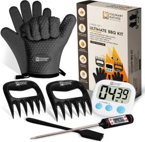 Smoker Gloves, Meat Claws, Thermometer, Timer, Brush | BBQ Grill Gloves with Dual Layer | Extreme Heat Resistant | No.1 Non-Slip Waterproof Silicone Oven Mitts | Smoker Accessories Kit Tools (Black)