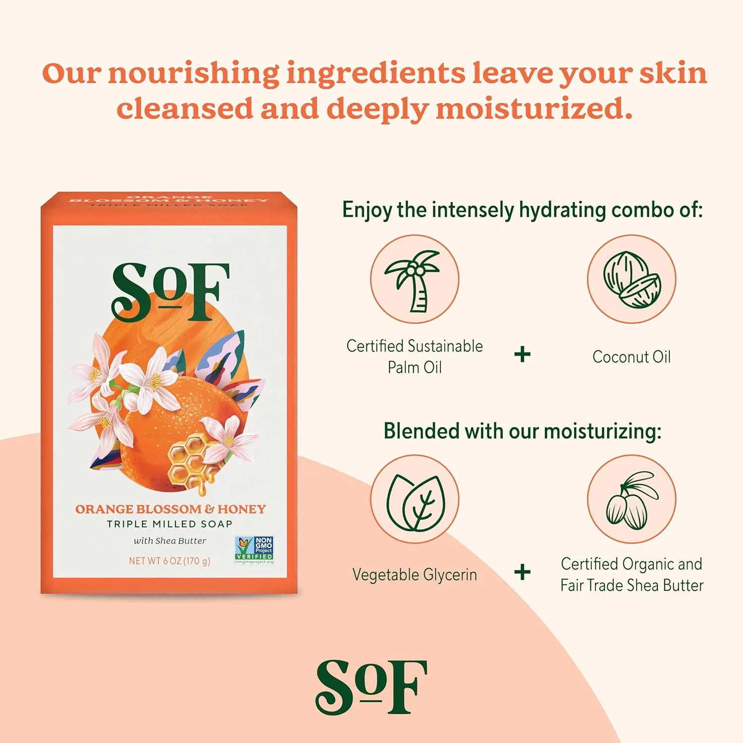 SoF Triple Milled Bar Soap - With Coconut Oil & Organic Shea Butter- Vegan & Non GMO- Free From Phthalates, Sulfates & Parabens- Orange Blossom & Honey - 6 oz Bar 6 Bars