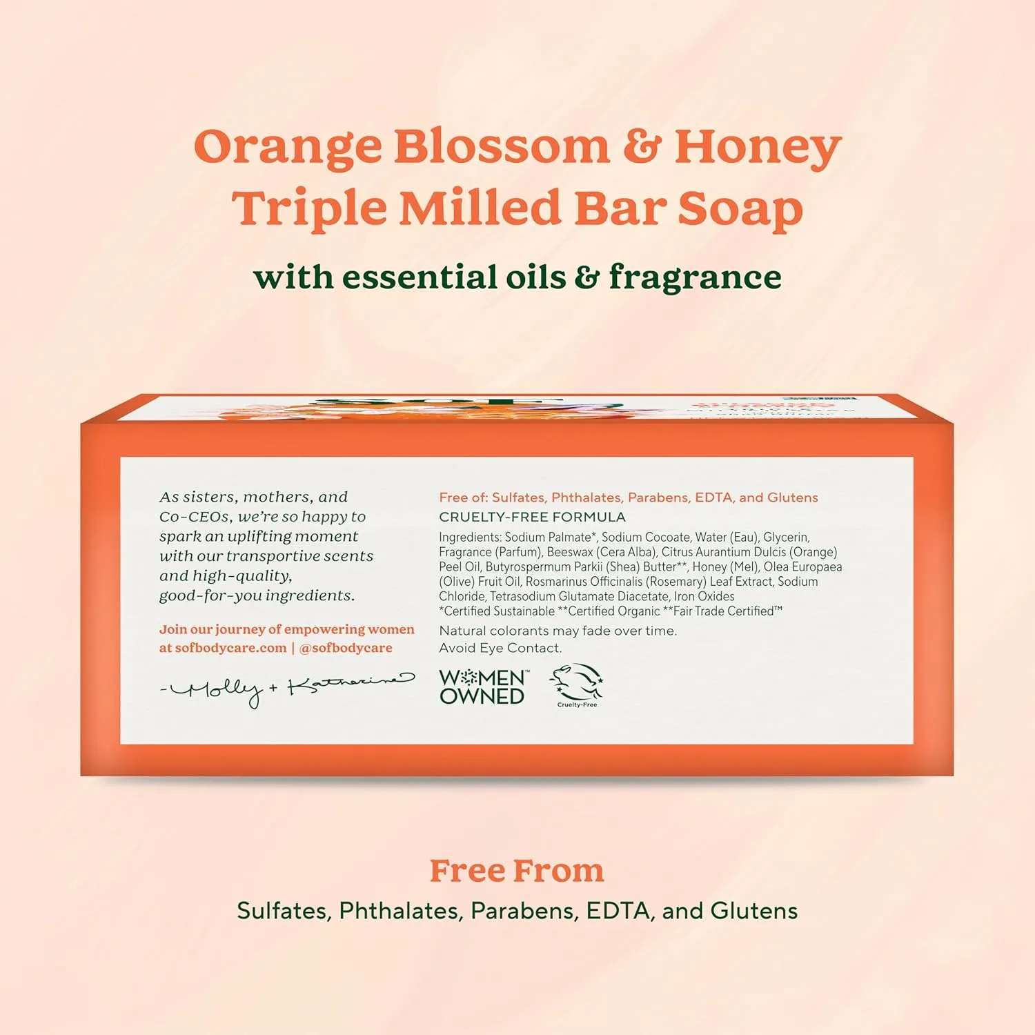 SoF Triple Milled Bar Soap - With Coconut Oil & Organic Shea Butter- Vegan & Non GMO- Free From Phthalates, Sulfates & Parabens- Orange Blossom & Honey - 6 oz Bar 6 Bars