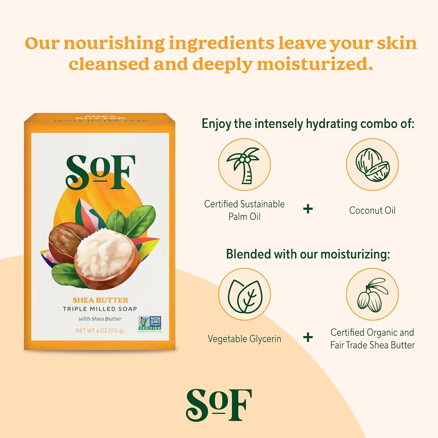 SoF Triple Milled Bar Soap - With Coconut Oil & Organic Shea Butter- Vegan & Non GMO- Free From Phthalates, Sulfates & Parabens- Shea Butter - 6 oz Bar 6 Bars