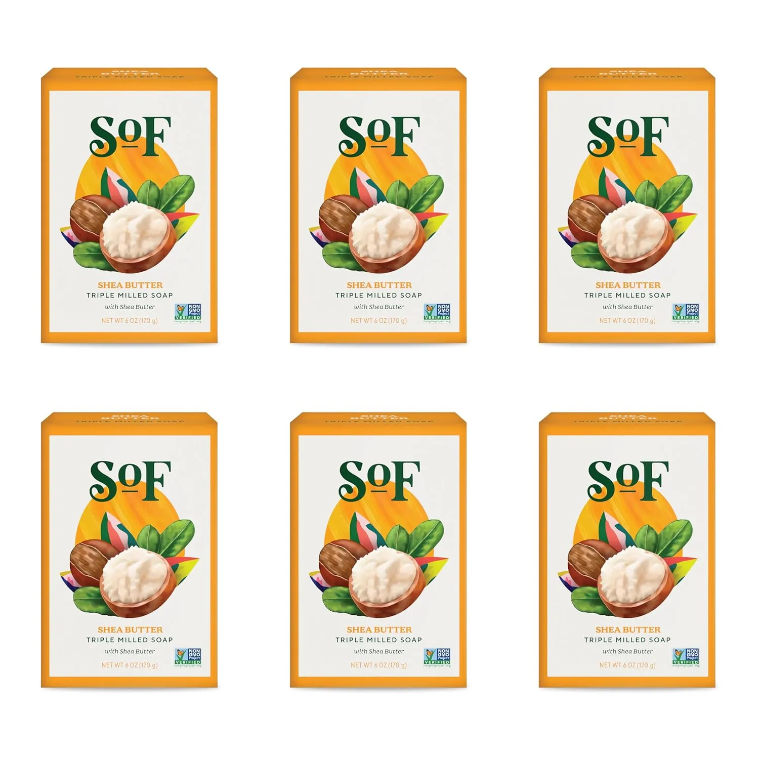 SoF Triple Milled Bar Soap - With Coconut Oil & Organic Shea Butter- Vegan & Non GMO- Free From Phthalates, Sulfates & Parabens- Shea Butter - 6 oz Bar 6 Bars