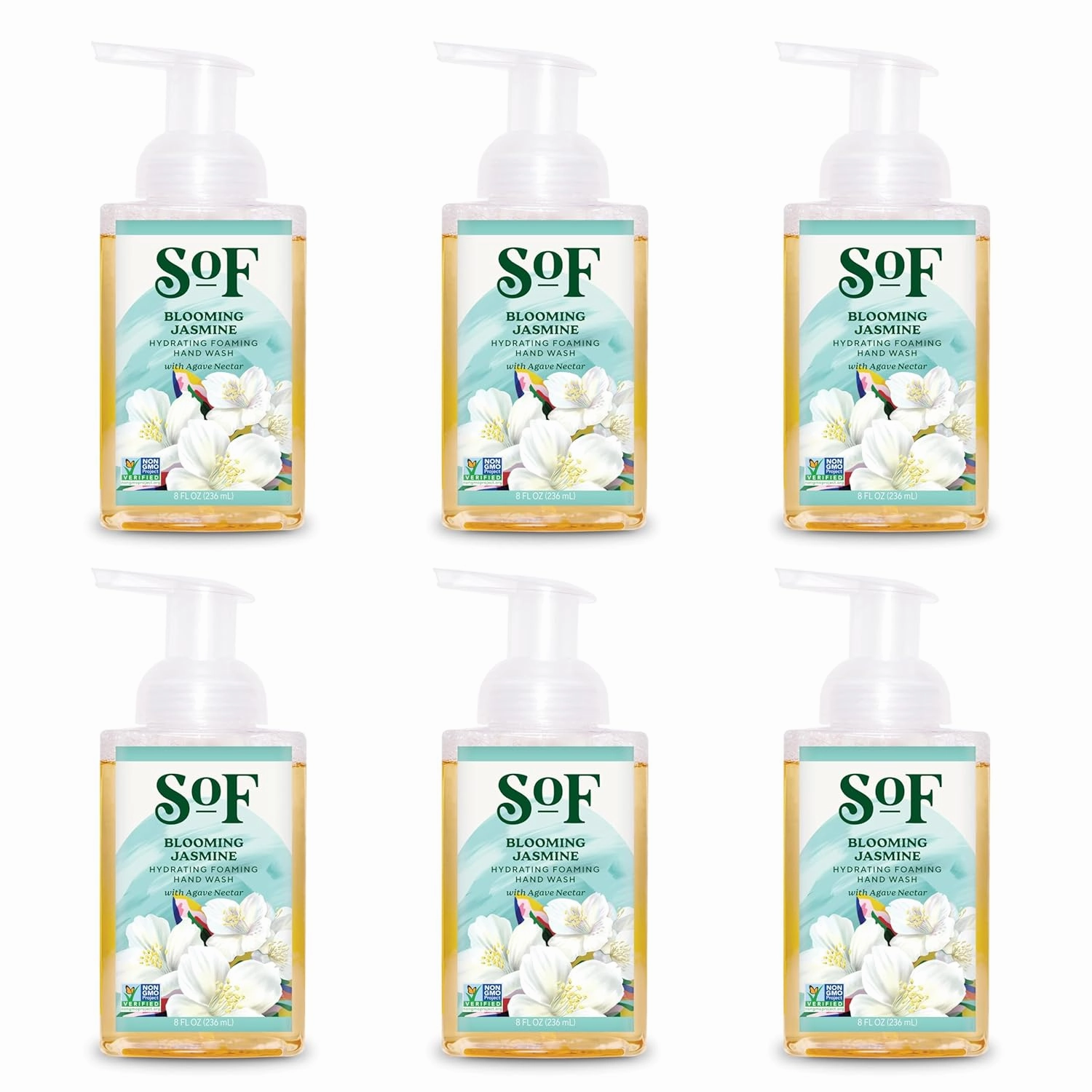 SoF Hydrating Foaming Hand Wash - With Organic Agave Nectar & Coconut Oil- Vegan & Non GMO- Free From Phthalates, Sulfates & Parabens- Blooming Jasmine - 8 oz Bottle 6 Pack