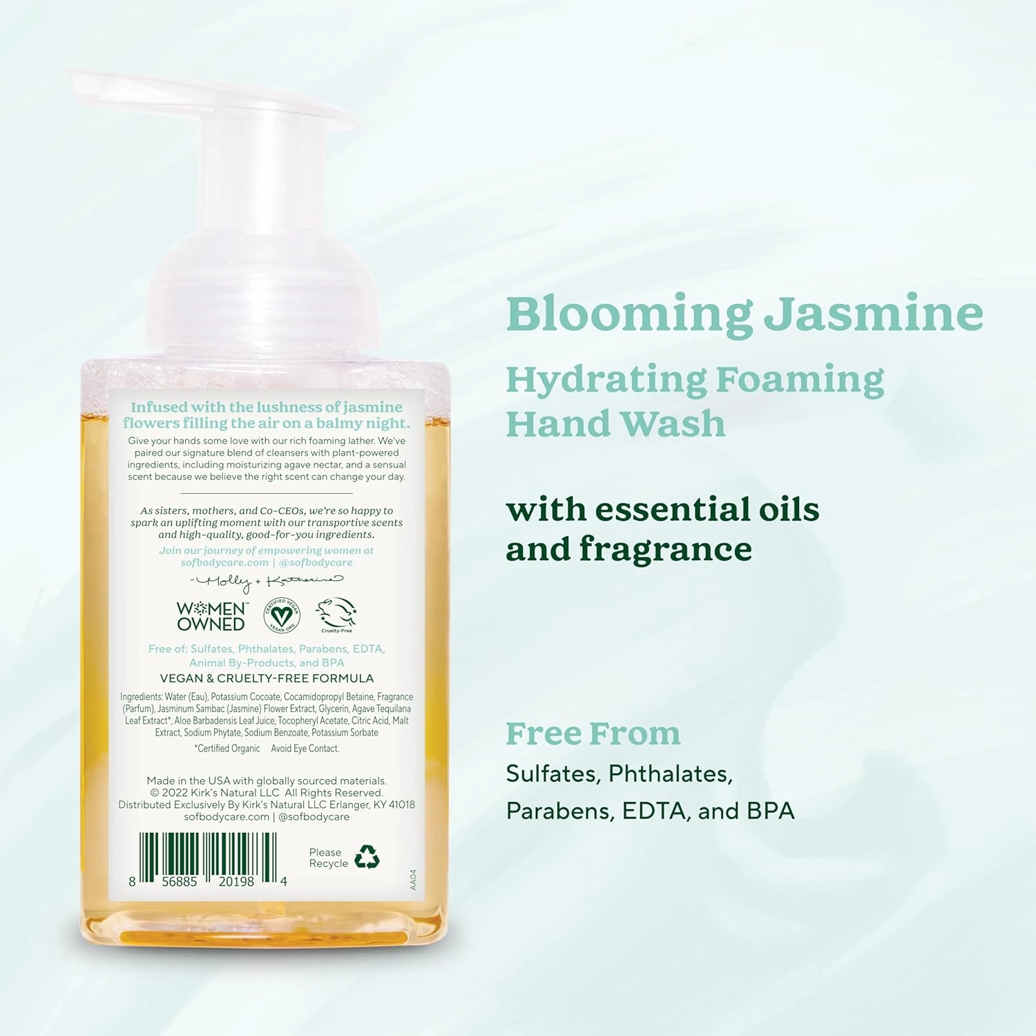 SoF Hydrating Foaming Hand Wash - With Organic Agave Nectar & Coconut Oil- Vegan & Non GMO- Free From Phthalates, Sulfates & Parabens- Blooming Jasmine - 8 oz Bottle 6 Pack