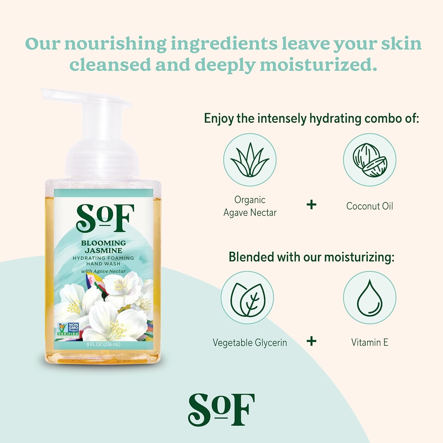 SoF Hydrating Foaming Hand Wash - With Organic Agave Nectar & Coconut Oil- Vegan & Non GMO- Free From Phthalates, Sulfates & Parabens- Blooming Jasmine - 8 oz Bottle 6 Pack