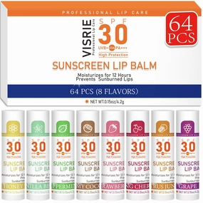 SPF 30 Lip Balm with Sunscreen, SPF Lip Balm Bulk Travel Size-64 Pack, Hydrating Lip Balm Pack with Vitamin E and Coconut Oil- 8 Flavors, 64 Count