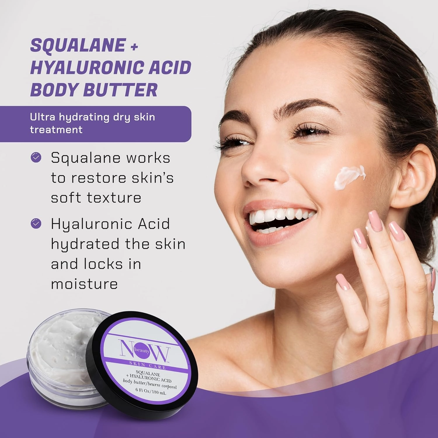 Squalane Body Butter - Squalane and Hyaluronic Acid Body Lotion with Hydrating Coconut Oil and Shea Butter - Luxurious, Moisturizing, Non-Greasy Cream for Dry Skin - 6 oz