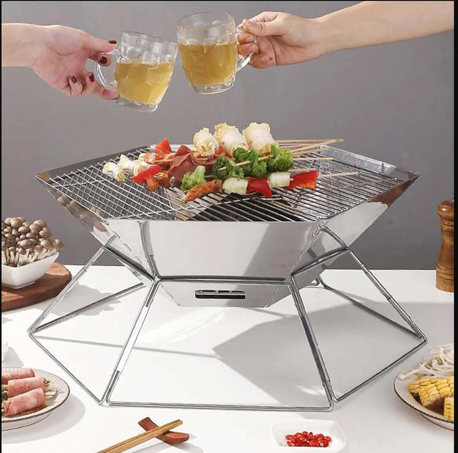 Stainless Steel Outdoor BBQ Grill, Foldable Charcoal Grill with Anti-Slip Feet, Portable for Camping, Beach & Backyard, Even Heat Distribution (B Regular)
