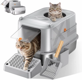 Stainless Steel Cat Litter Box with Lid, XL Extra Large Metal Litter Box for Big Cats, 180° Flip Cover Enclosed Top Entry Litter Boxs with High Sided Enclosure & Scoop, Non-Sticky, Anti-Leakage
