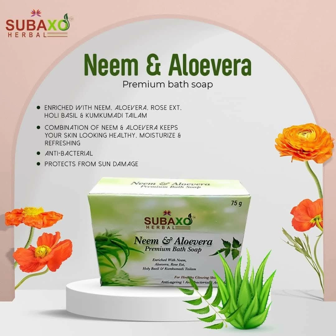 SUBAXO Neem & Aloevera Bath Soap Premium for Glowing Skin Anti Acne & Pimple Fighting Soap (6*75g Each, Pack Of 6)