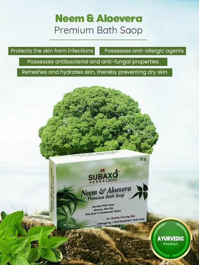 SUBAXO Neem & Aloevera Bath Soap Premium for Glowing Skin Anti Acne & Pimple Fighting Soap (6*75g Each, Pack Of 6)