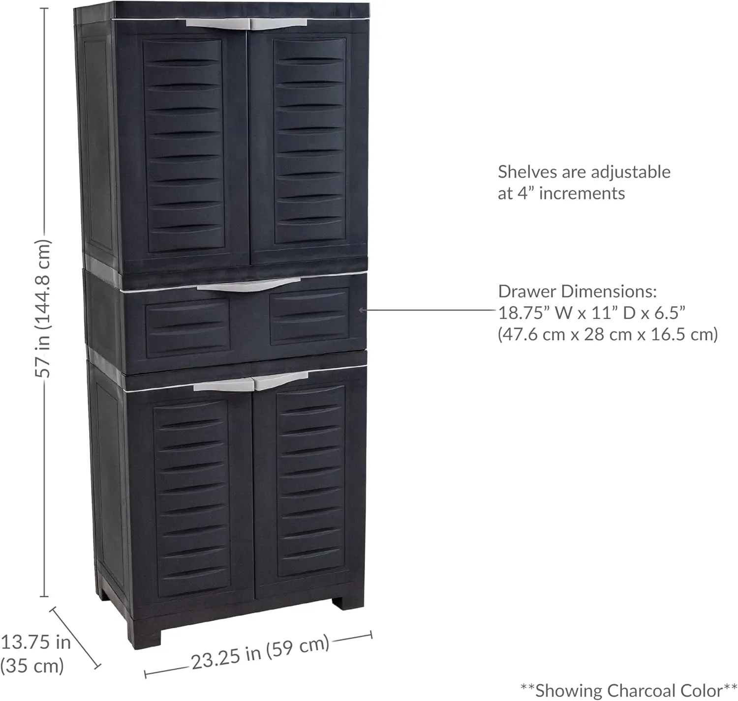 Sunnydaze Plastic Garage Storage Cabinet with 2 Adjustable Shelves - 57" H - Garage, Office, Home, Laundry Room - Gray with Charcoal Trim
