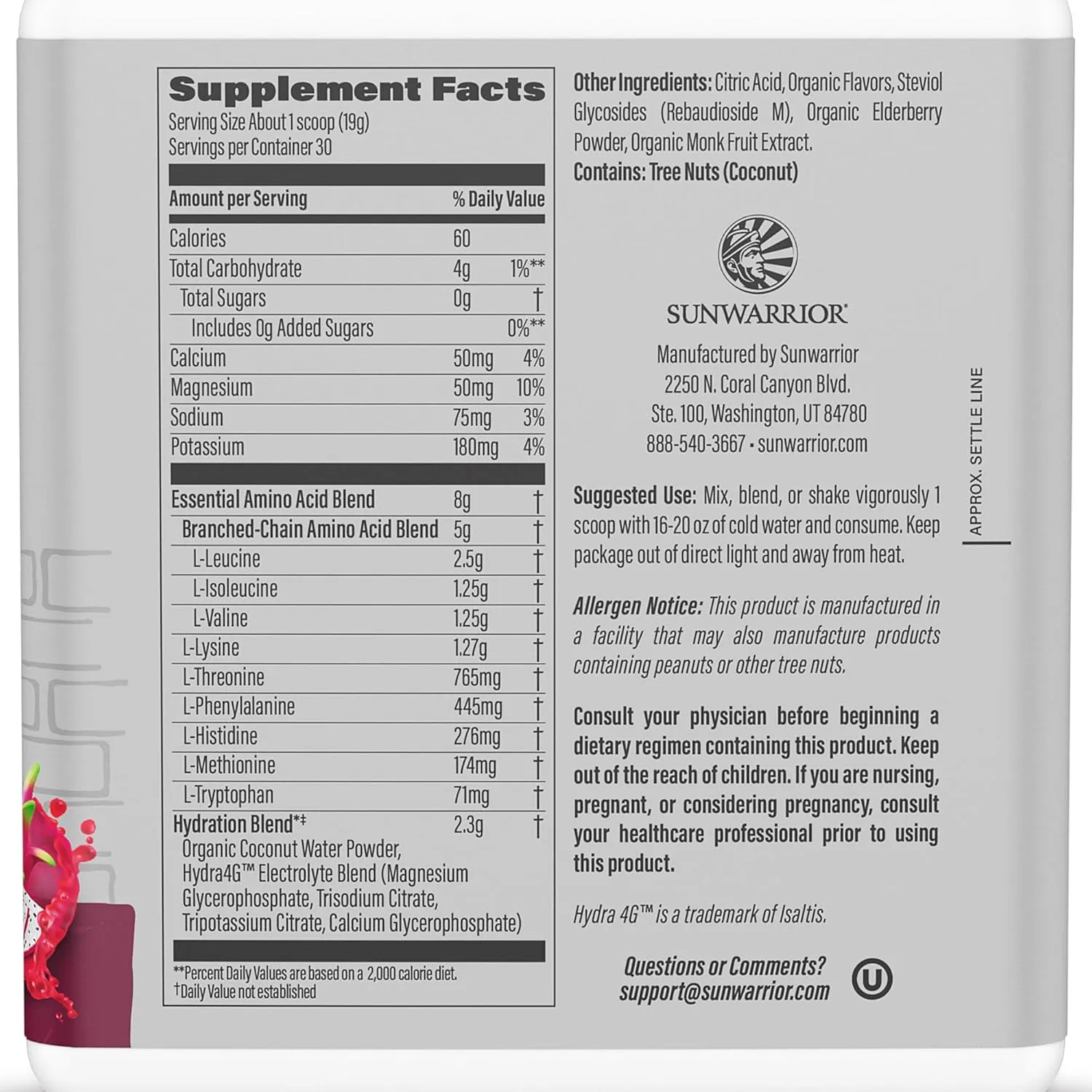 Sunwarrior Amino Acids Amino Energy Powder Essential Amino Acids EAA | Muscle Repair Hydration & Recovery | Promote Wellness Strength & Endurance | Dragon Fruit Flavor | 30 Servings | Active Aminos