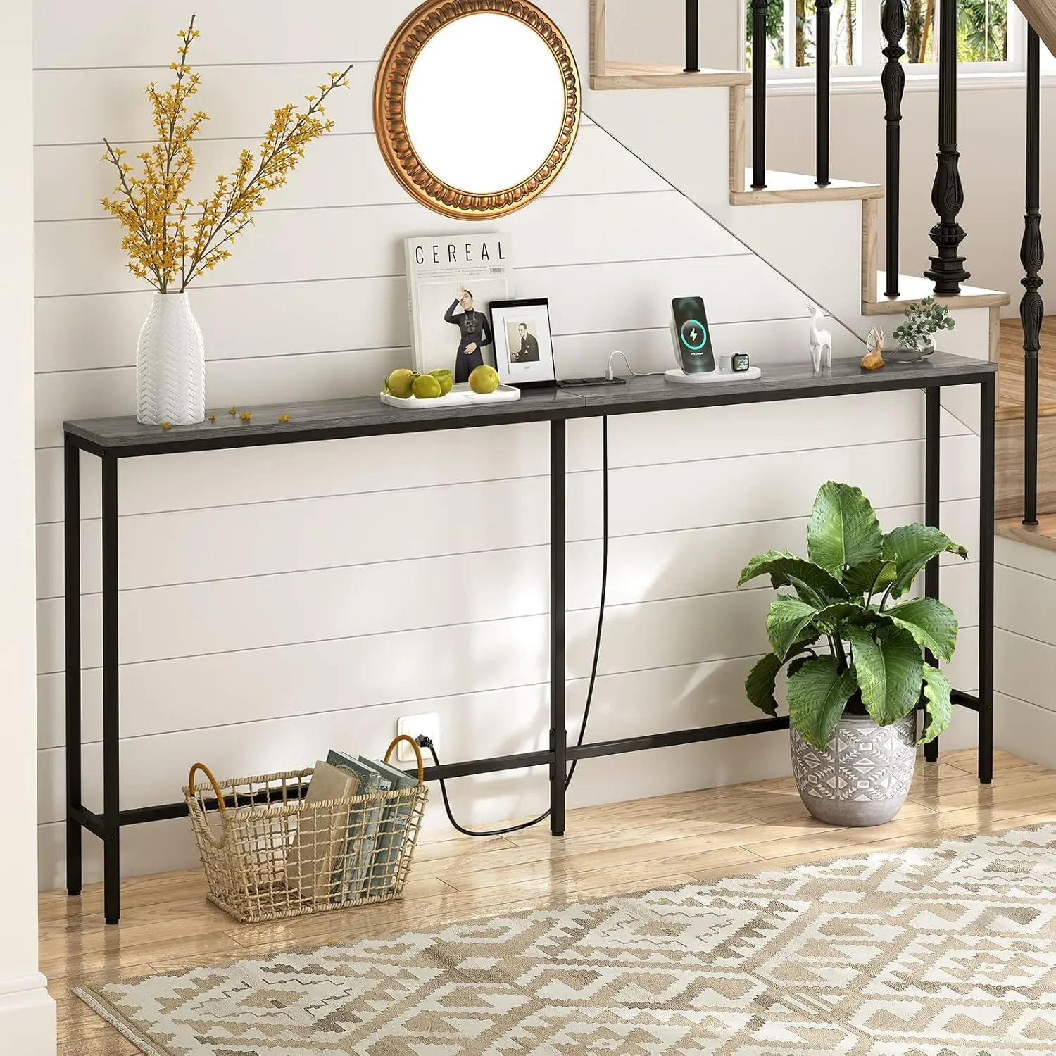 SUPERJARE 70 Inch Console Table with Outlet, Sofa Table with Charging Station, Narrow Entryway Hallway Table, Behind Couch Table, for Living Room, Charcoal Gray