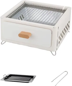 Table Top Camping BBQ, Portable Charcoal Grill for Picnics, Compact BBQ Grill with Frying Pan, Pull-Out Charcoal Tray, Air Vents, for Picnics, Festivals & Fishing(White)
