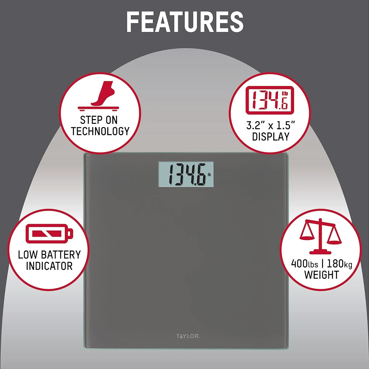 Taylor Digital Scales for Body Weight, Highly Accurate 400 LB Capacity, Auto On and Off Scale, 11.8 x 11.8 Inches, Charcoal Grey