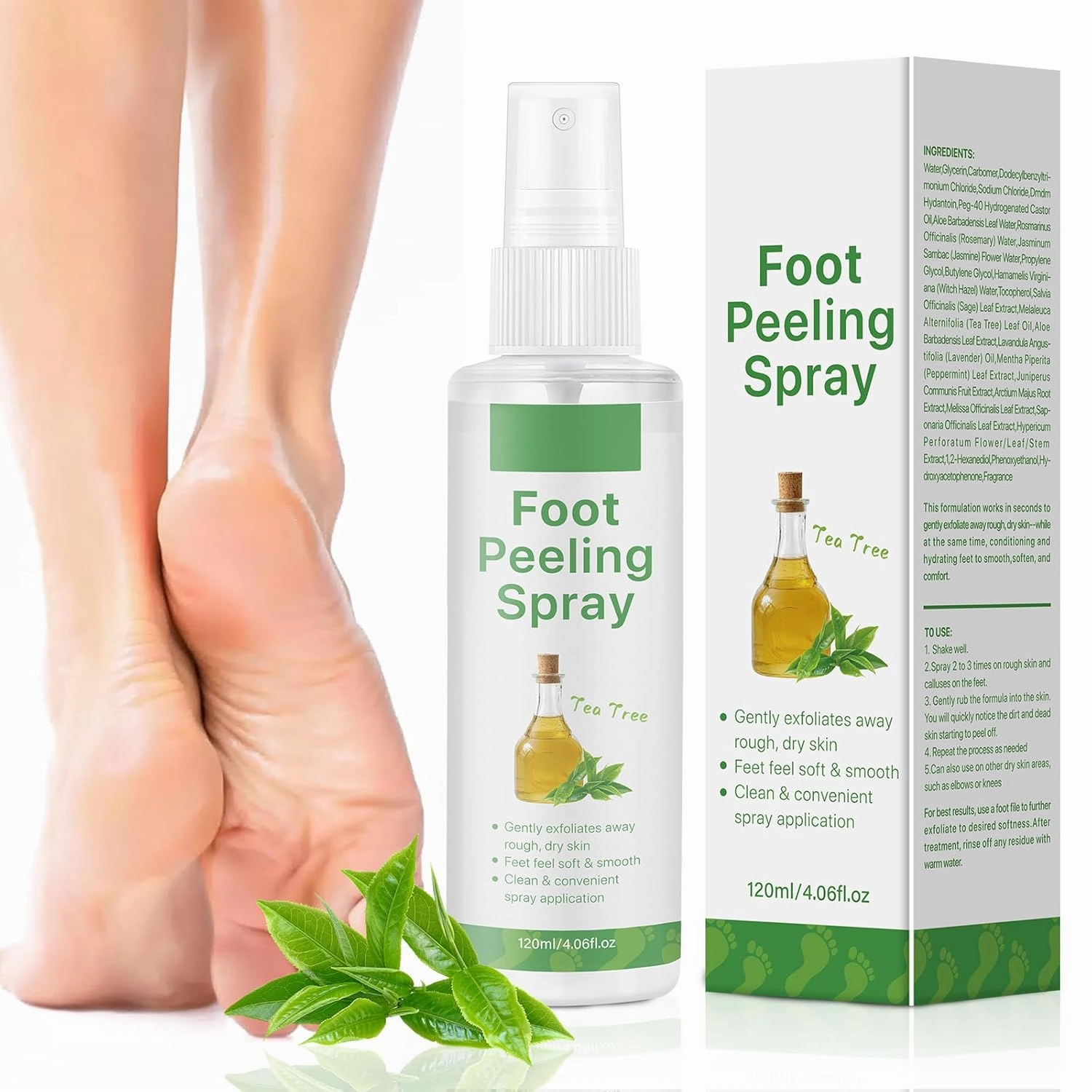 Tea Tree Foot Peeling Spray, 120ml Vegan Botanicals Foot Exfoliator Spray, Moisturizing & Smooth Feet Skin, Gently Exfoliates Away Rough, Dry Skin