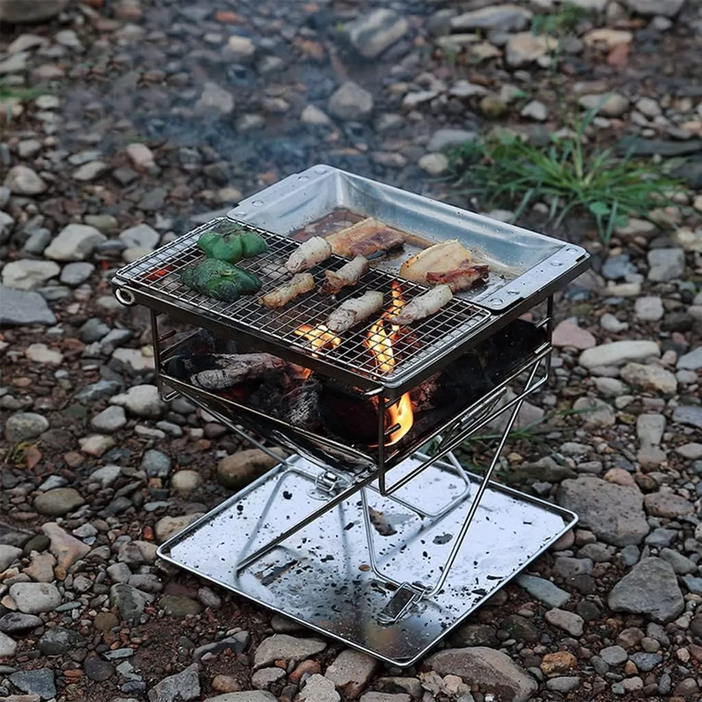 TEmkin Folding Campfire Grill Barbecue Rack Camping Fire Pit, Outdoor Wood Stove Burner, Folding Compact 304 Premium Stainless Steel, Portable Camping Grill with Carrying Bag for Outside