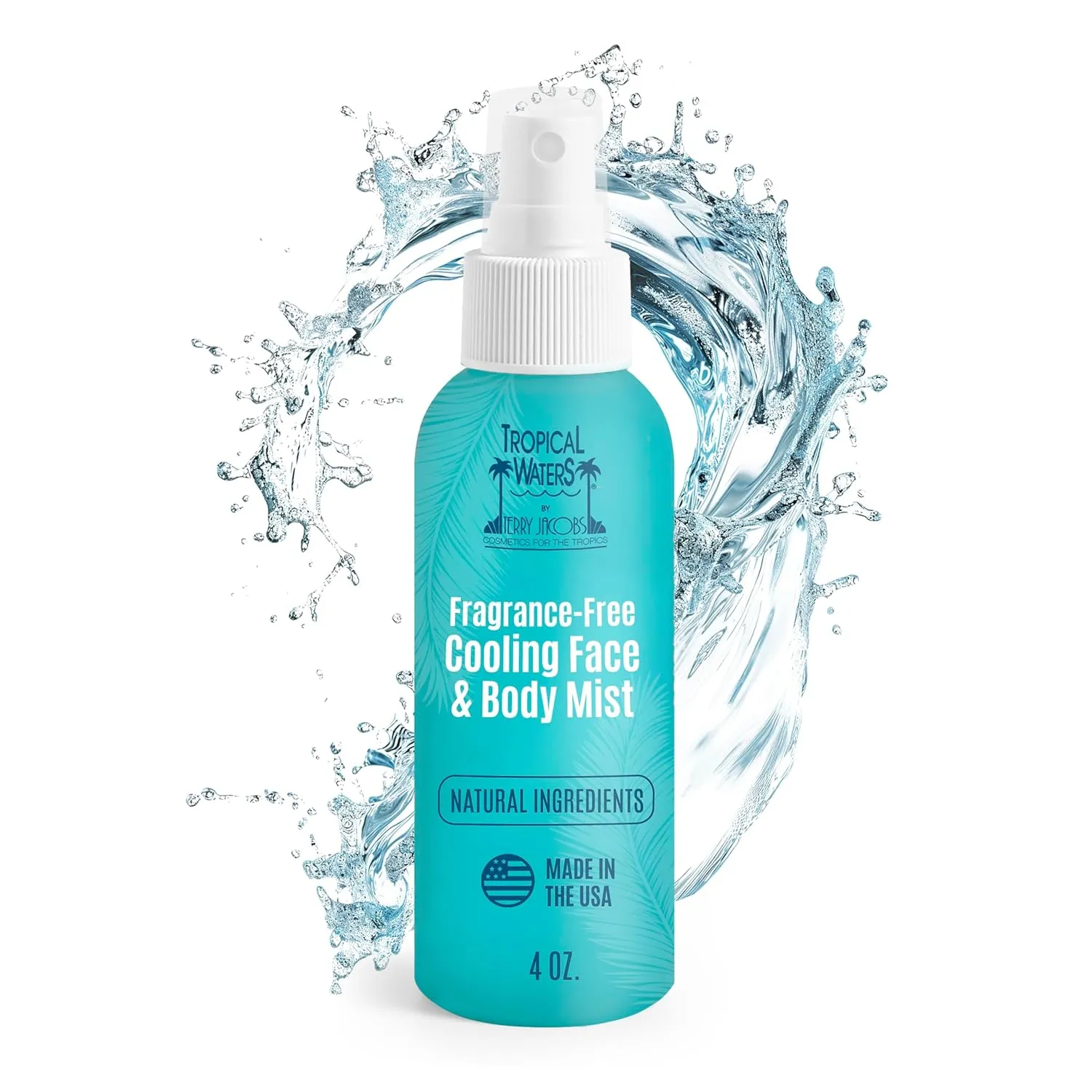 Terry Jacobs Tropical Waters Body & Facial Cooling Mist | Fragrance-Free, Hydrating, Moisturizing, Soothing, Skincare Spray for Face and Body | Cooling Spray for Hot Weather, Travel-Size | 4 Fl Oz