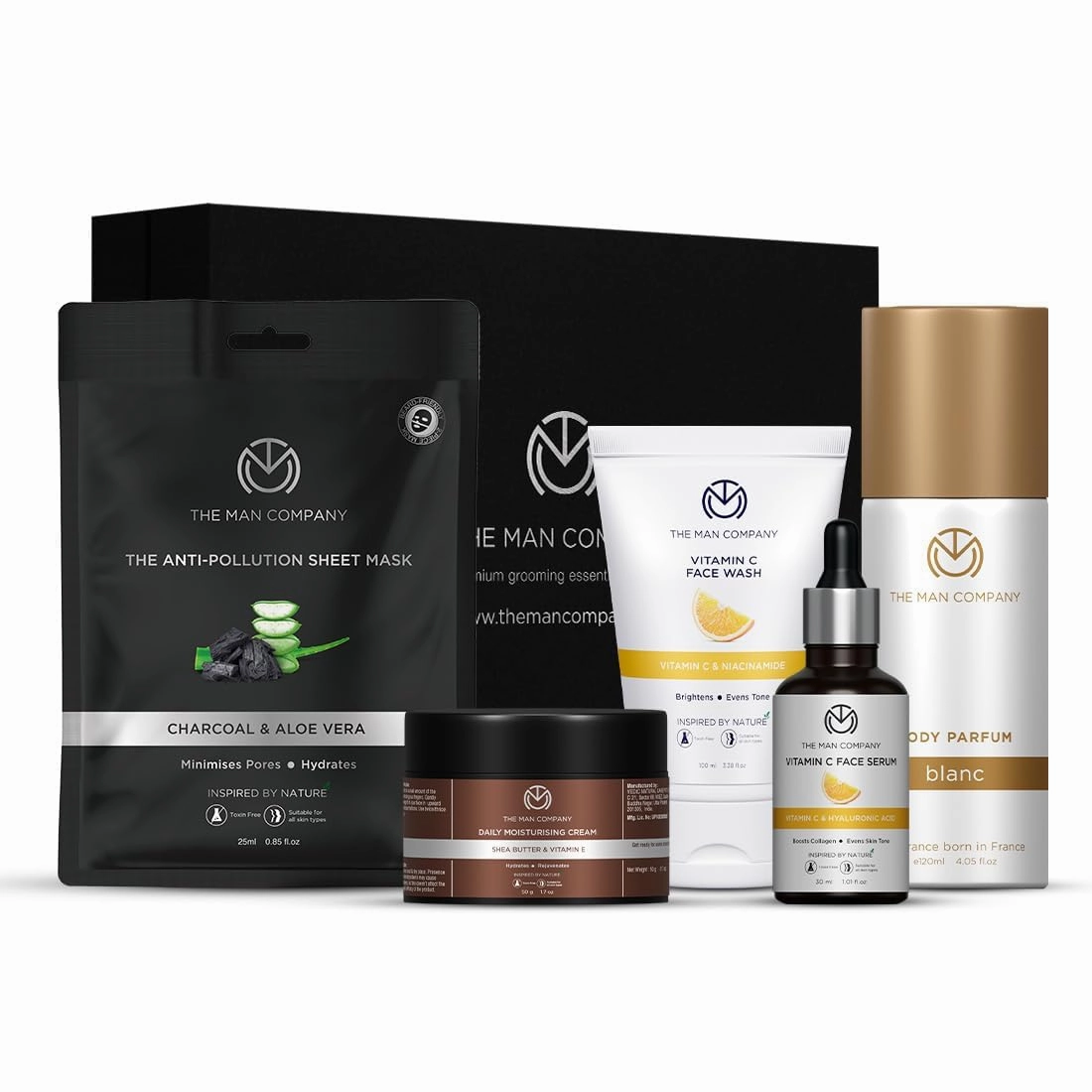 The.Man.Company Skin Care Kit with Vitamin C Face Wash, Face Serum, Daily Moisturising Cream, No Gas Perfume for Men & Charcoal Sheet Mask
