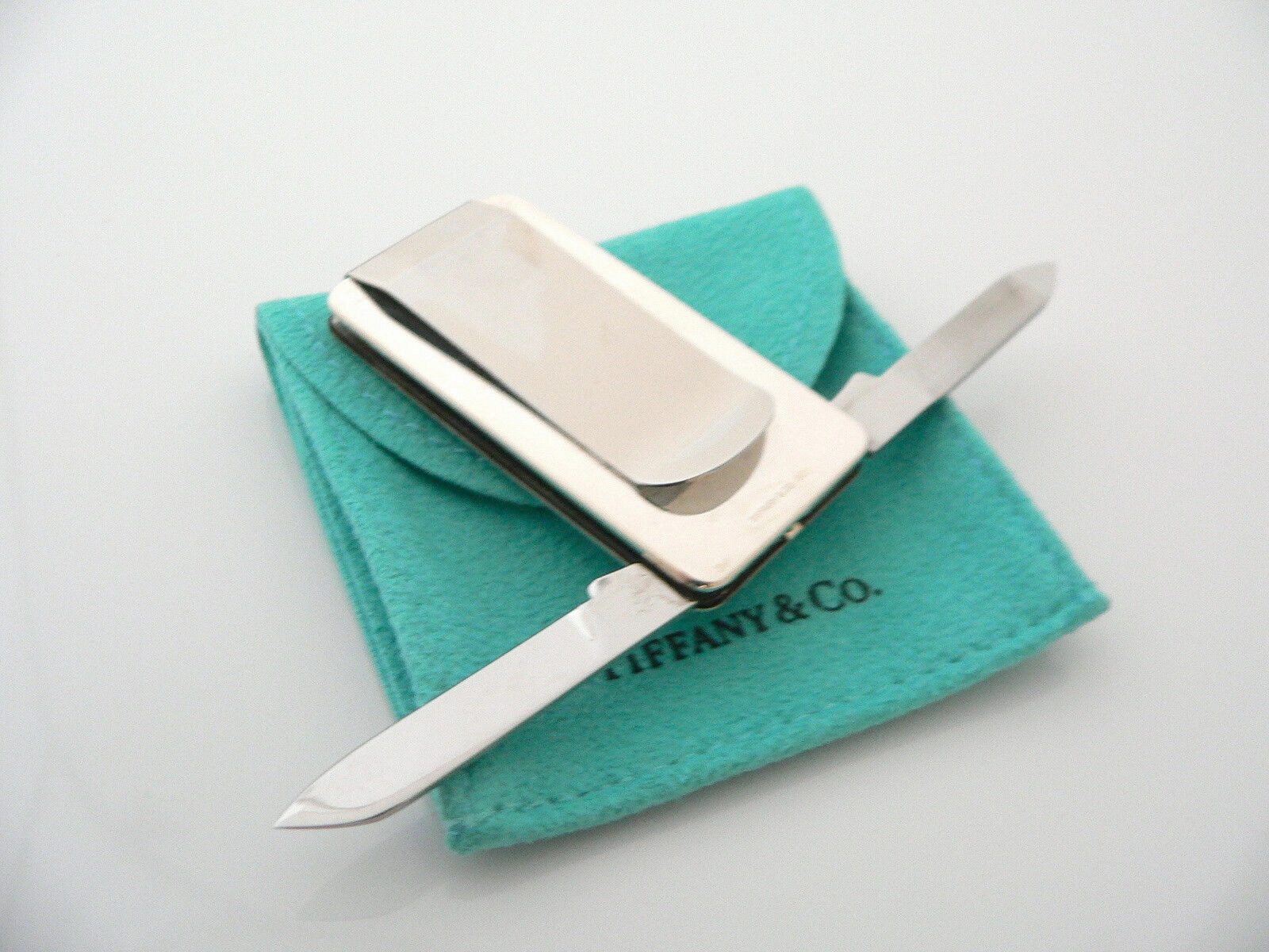 Tiffany & Co Silver Stripe Knife Nail File Money Clip Holder Rare Gift Pouch